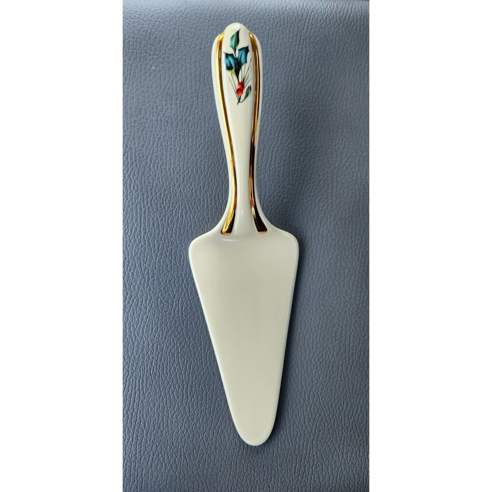 Lenox Cake Pie Server Winter Greetings Hand Paint Red Holy Pine  24K Gold Trim